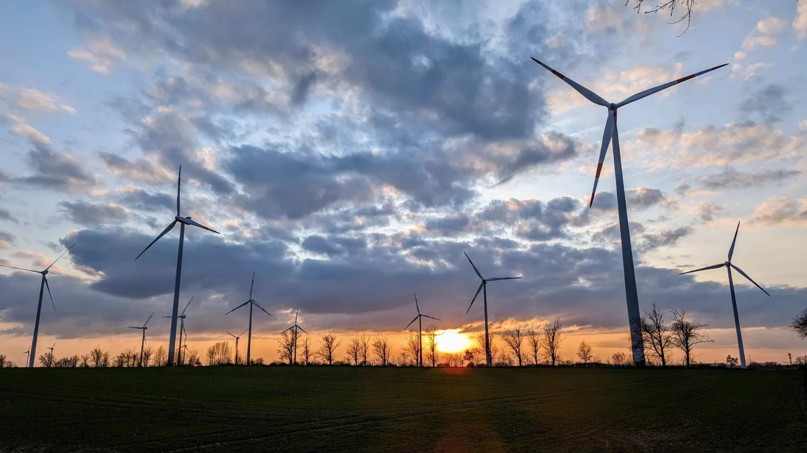 Windräder im Sonnenuntergang zwischen Gadsdorf und Trebbin