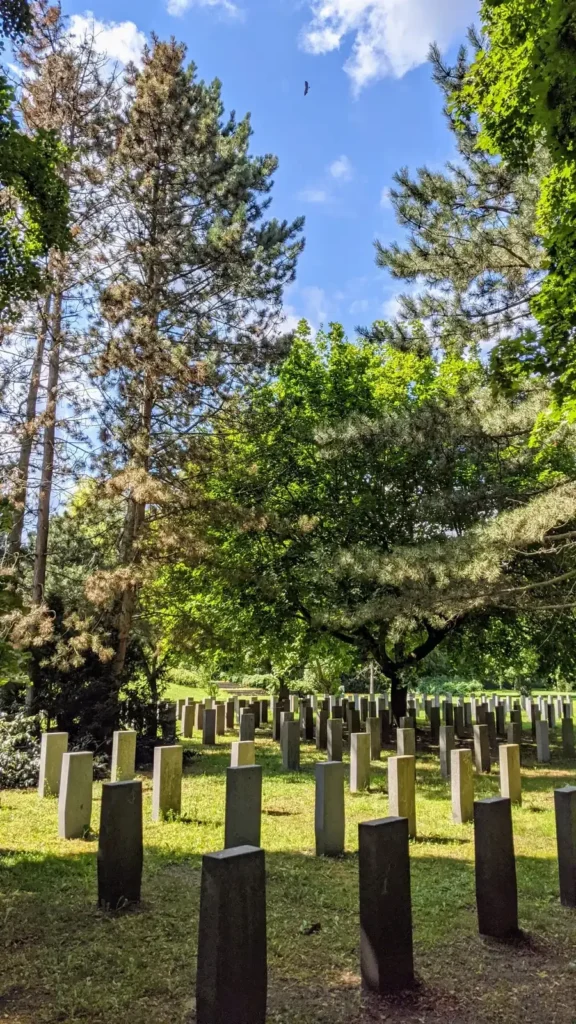 Reihen gleichförmiger Grabsteine einer Kriegsgräberstätte auf dem Friedhof Baumschulenweg an der Kiefholzstraße