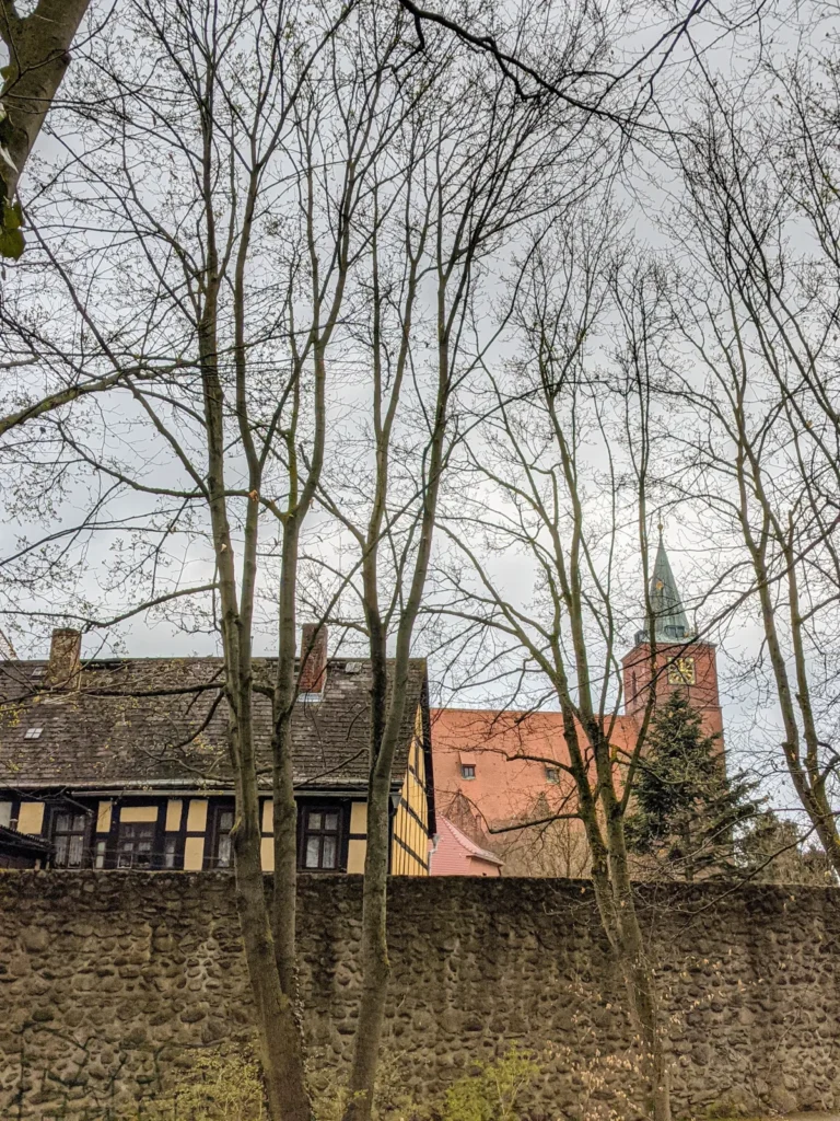 Blick über die Feldsteinmauer auf ein Fachwerkhaus und einen Kirchturm in der Bernauer Altstadt