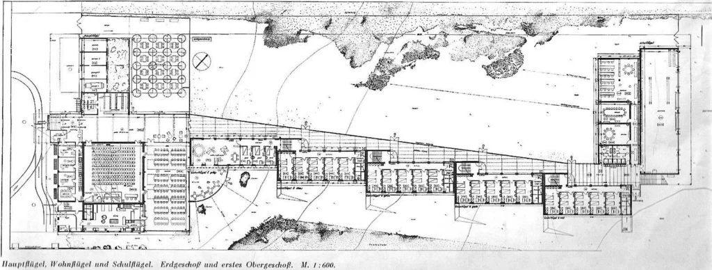 Grundriss des Erdgeschosses der ADGB-Bundesschule in Bernau, Zeichnung von Hannes Meyer