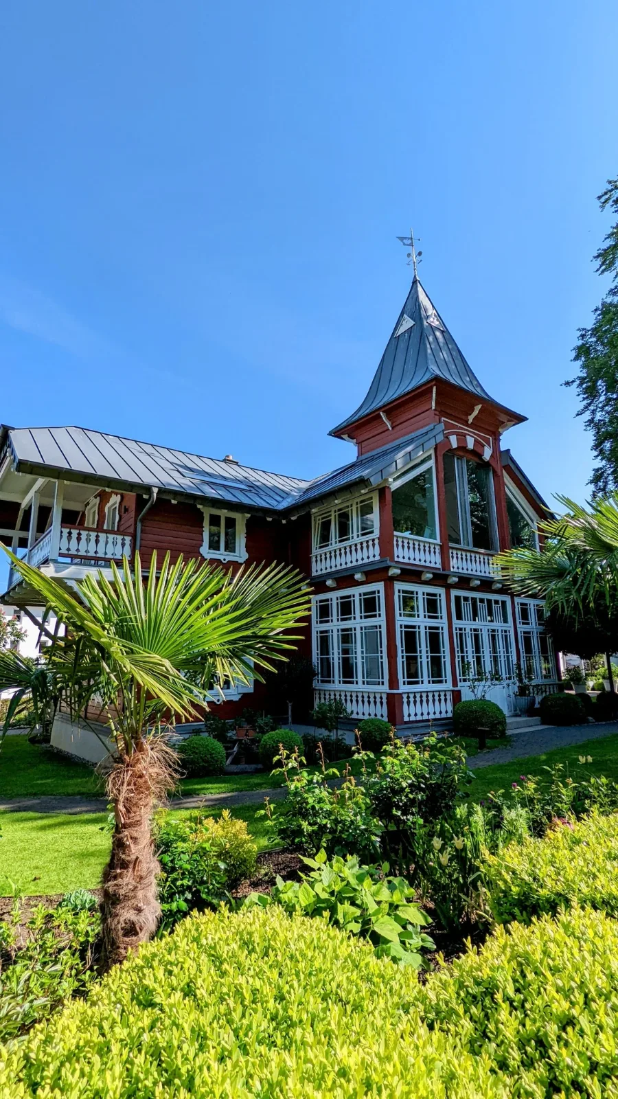 Villa mit Turm und Palme im Garten in Binz auf Rügen