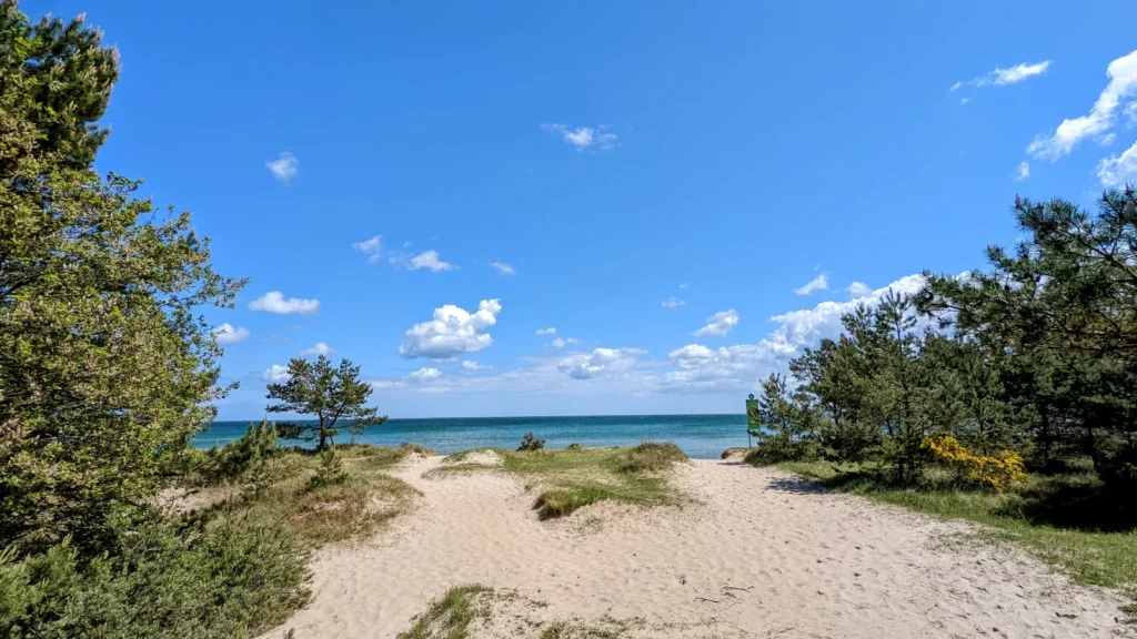 Sandweg durch Dünen mit Kiefern zur Ostsee nördlich von Prora