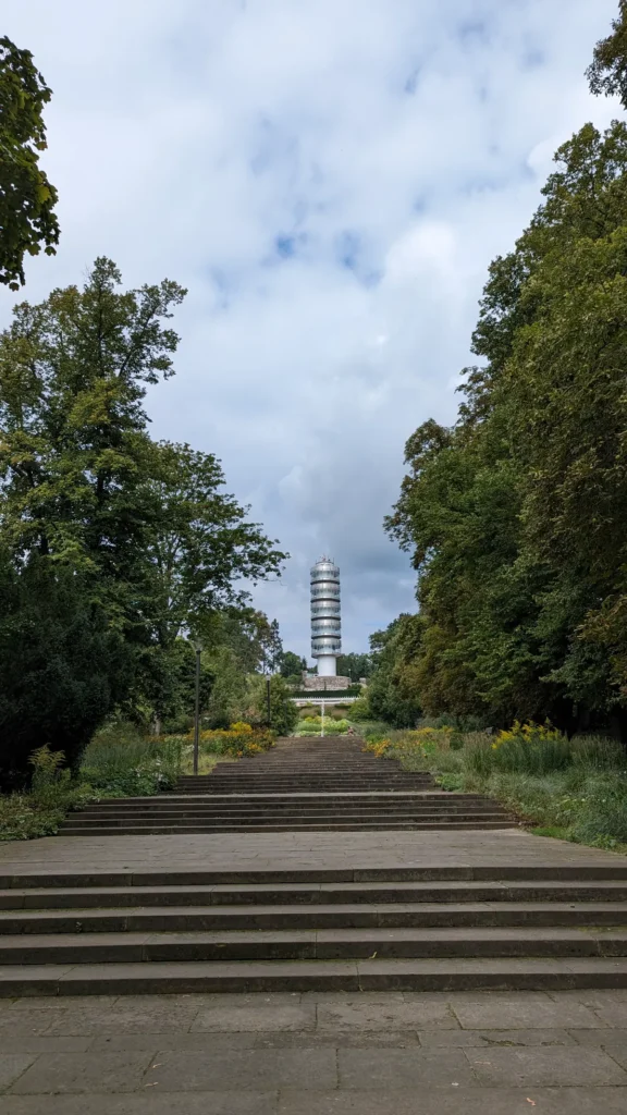 Breite Treppe zwischen Bäumen hinauf zum Marienberg, oben in der Achse die Friedenswarte