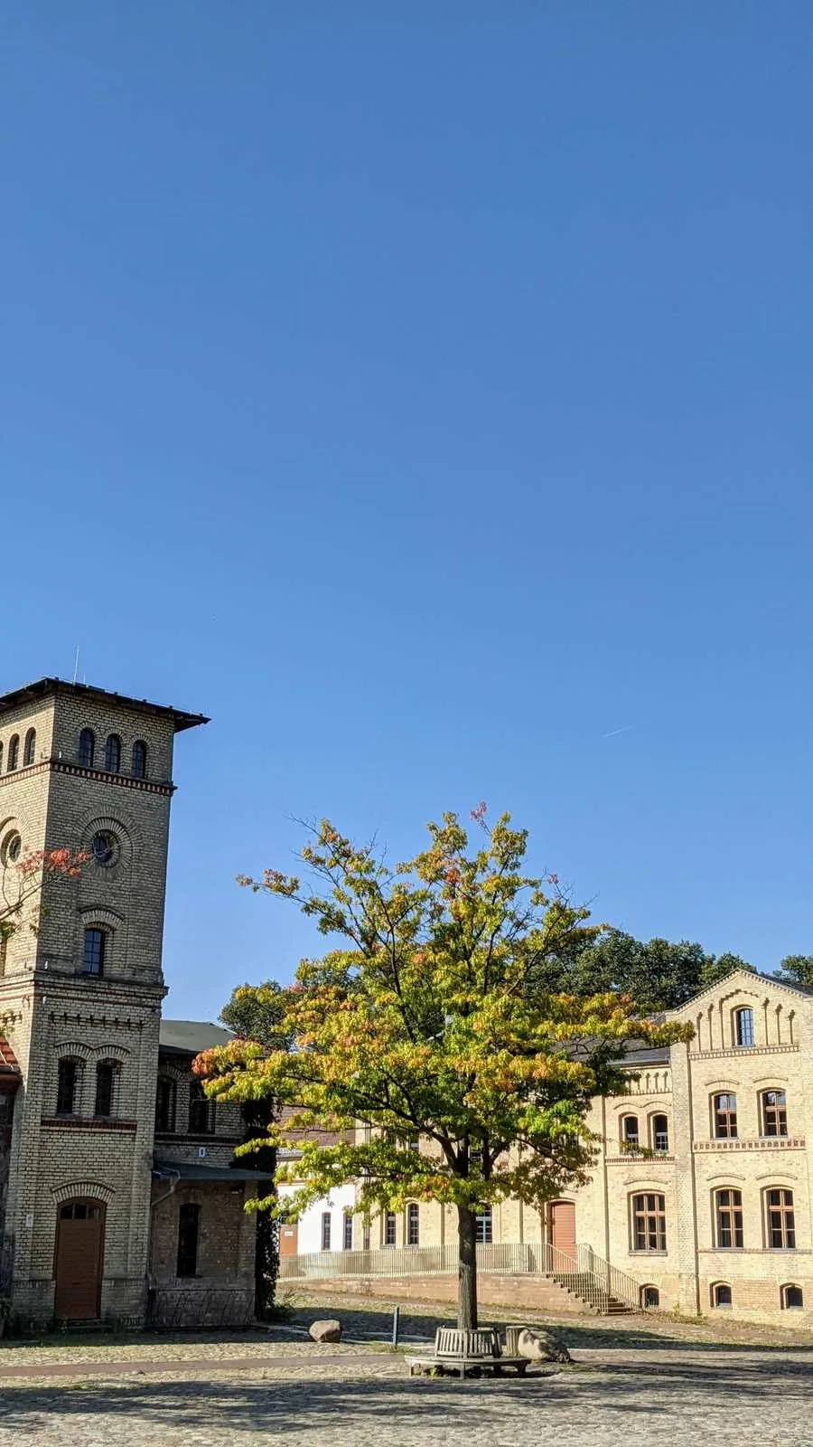 Backsteingebäude mit Turm auf dem gepflasterten Hof des Gutshofs Britz