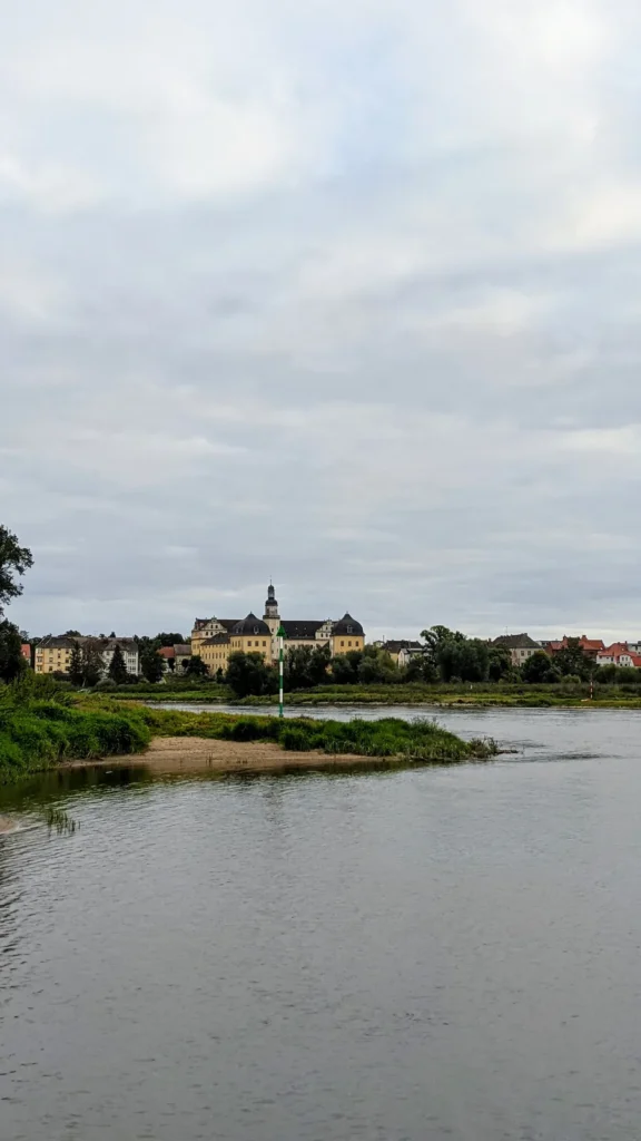Blick über die Elbe auf Coswig (Anhalt) mit dem Schloss am Ufer
