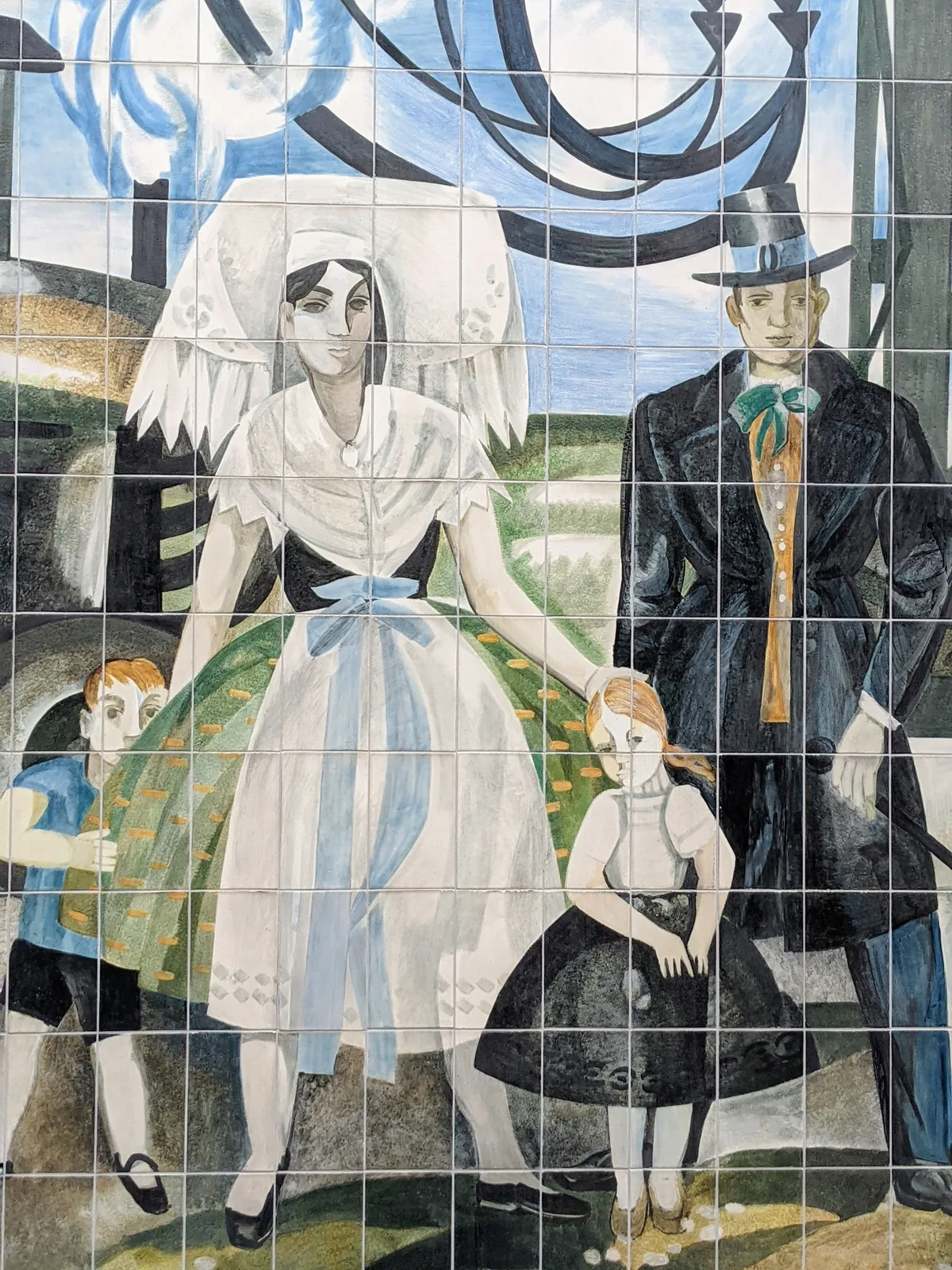 Wandbild mit einer Spreewaldfamilie an der Stadtmauer in Cottbus
