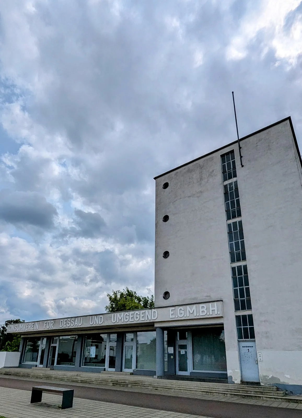 Konsumgebäude in der Siedlung Dessau-Törten, weißer mehrgeschossiger Bau mit Fensterbändern und flachem Ladenbau