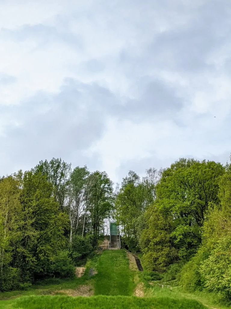 Grüner Skihang zwischen Bäumen in den Diehloer Bergen, oben am Hang ein kleiner Turm