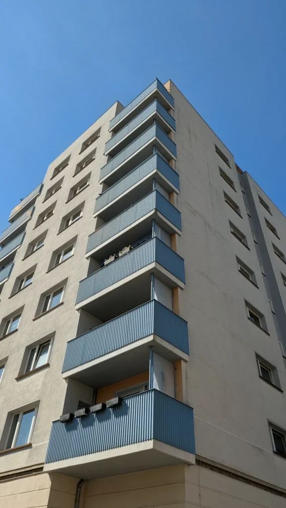 Punkthochhaus an der Lindenallee mit blau verkleideten Balkonen, von unten gesehen