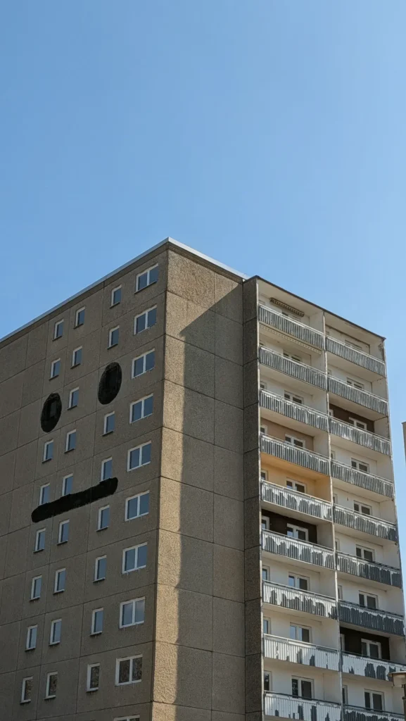 Zwölfgeschossiges Plattenbauhochhaus an der Mittelschleuse, auf den Giebel ist mit schwarzen Flächen ein Gesicht gesetzt