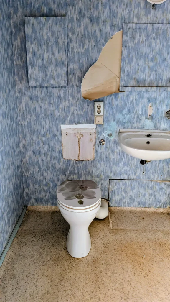 Verlassenes Badezimmer im Plattenbau mit blau gemusterter Wand, Waschbecken und Toilette