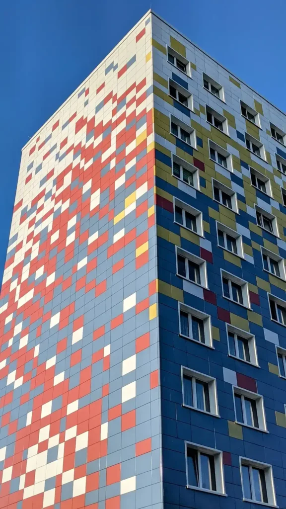 Plattenbau-Hochhaus in Fennpfuhl mit rot, weiß und blau gemustertem Giebel, von unten gesehen