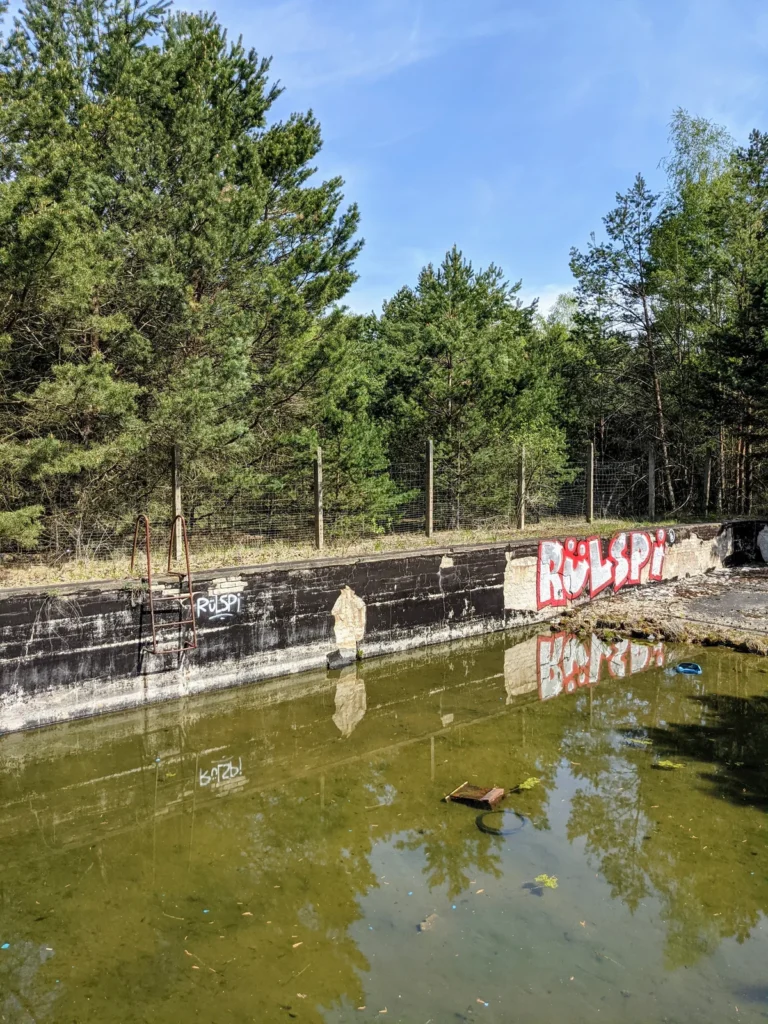 Becken mit grünem Wasser und besprühten Betonwänden im Wald bei Brand, zweite Ansicht