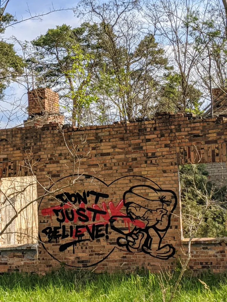 Ziegelruine mit Schornstein und Graffito im Wald bei Brand