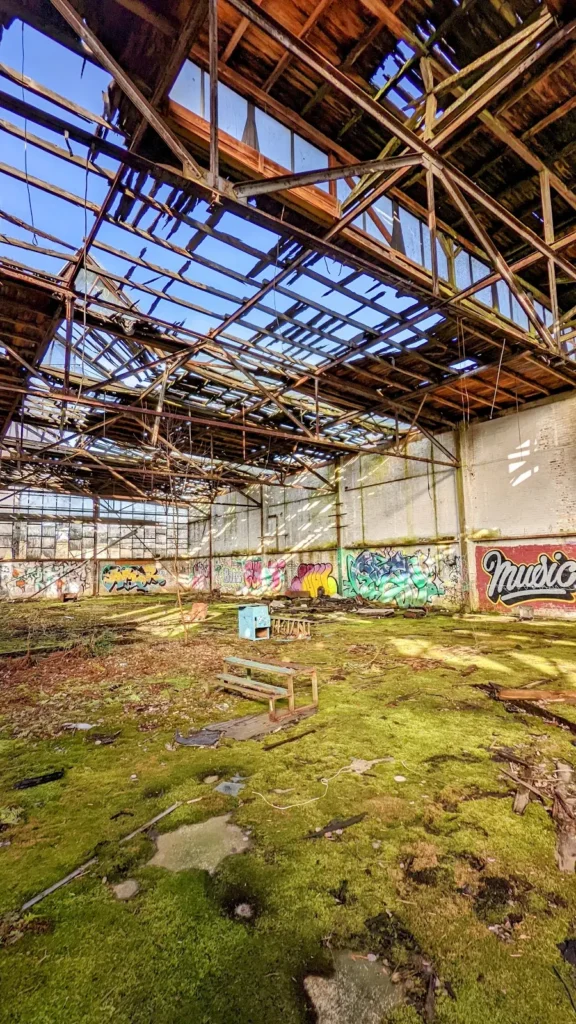 Ehemaliges Bücker-Werksgelände in Rangsdorf: Halle mit Stahldächern und Graffiti