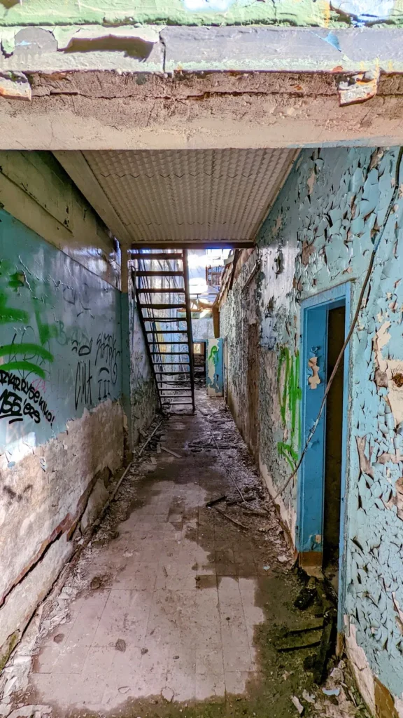 Ehemaliges Bücker-Werksgelände in Rangsdorf: Halle mit Stahldächern und Graffiti
