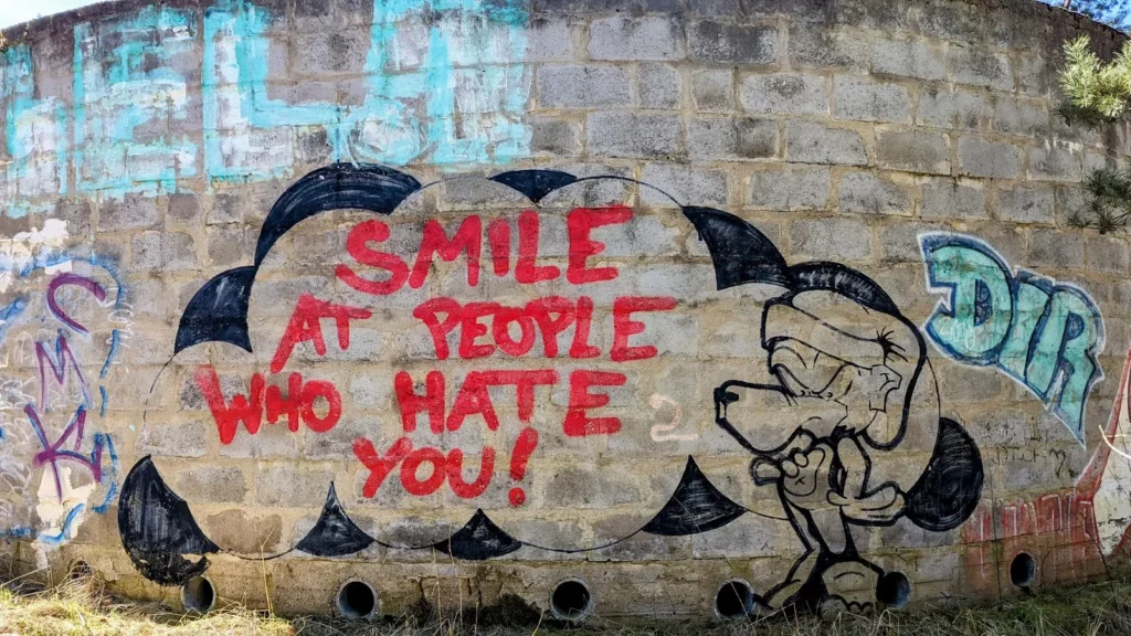 Graffiti mit dem Schriftzug Smile at people who hate you und einer Figur an einer Ruinenwand bei Fürstenberg/Havel