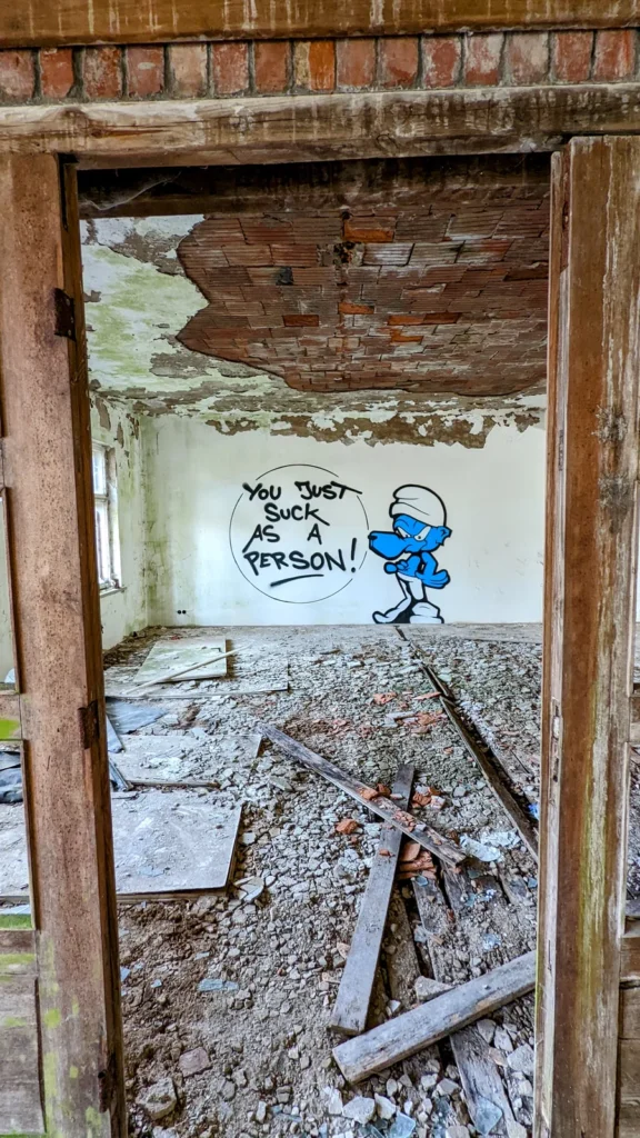 Blick durch einen Türrahmen auf das Graffiti einer blauen Zeichentrickfigur mit Sprechblase „You just suck as a person“