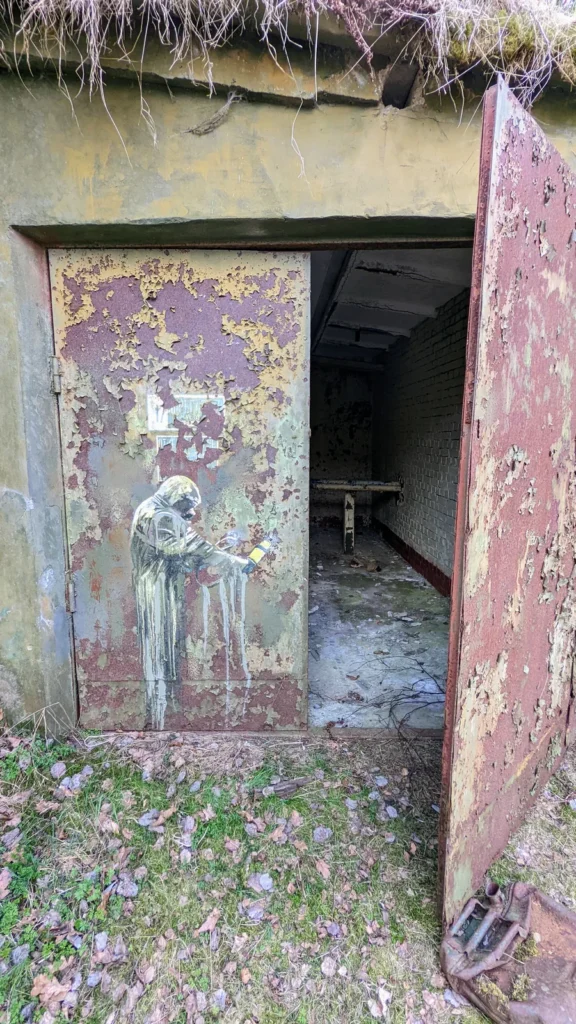 Offene Stahltür mit abblätternder Farbe und aufgemalter Figur an einem überwachsenen Betonbau