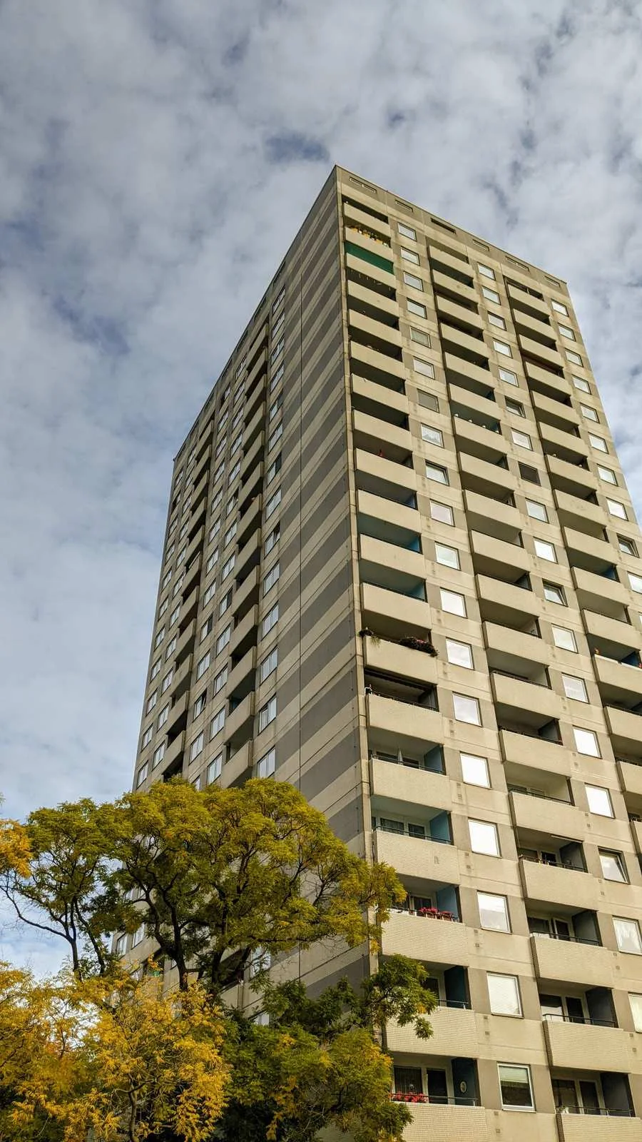 Beiges Wohnhochhaus mit Balkonen hinter gelb gefärbten Bäumen in der Gropiusstadt