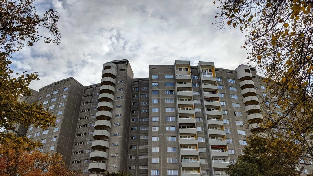 Grauer Hochhausblock mit runden Balkonachsen zwischen herbstlichen Bäumen in der Gropiusstadt, Neukölln