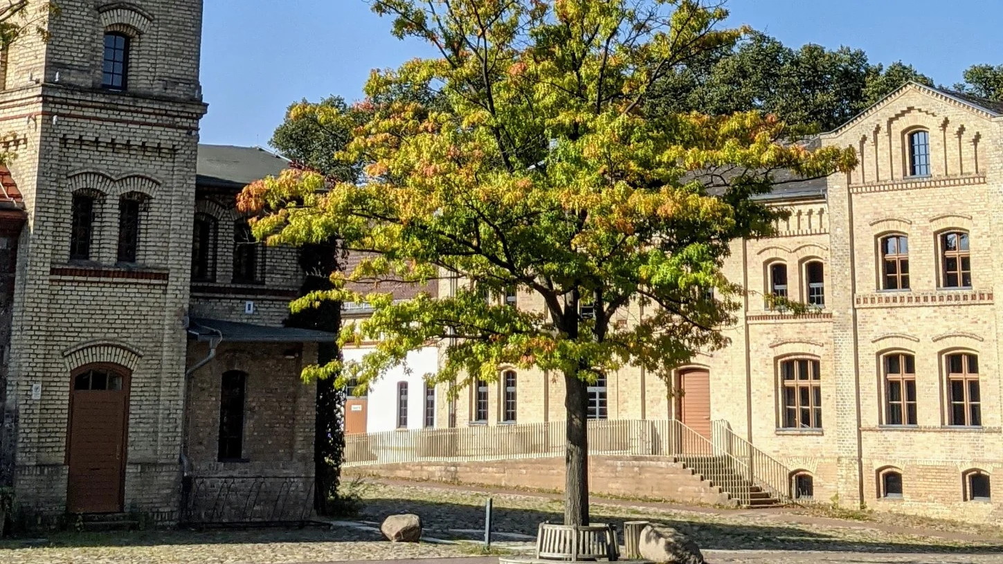 Backsteinturm und Wirtschaftsgebäude auf dem gepflasterten Hof des Gutshofs Britz