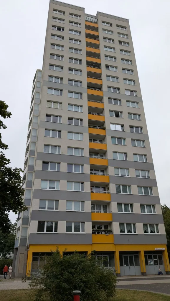 Hochhaus an der Dathepromenade in Berlin-Friedrichsfelde mit gelbem Sockel und orangefarbenem Balkonband