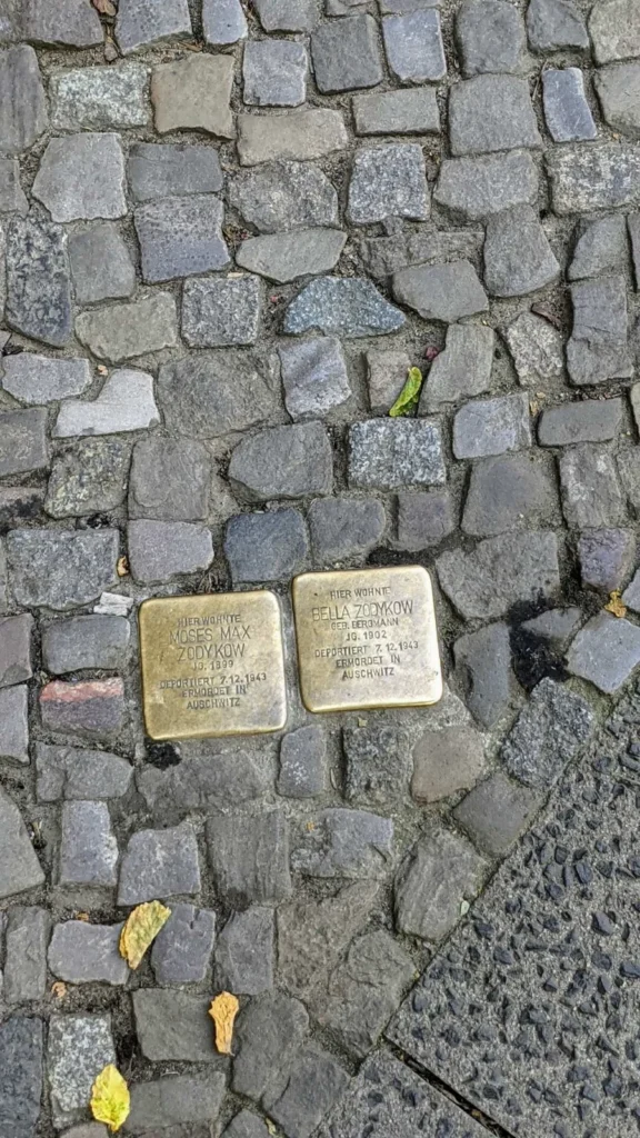 Zwei Stolpersteine für Moses Max und Bella Zodykow im grauen Kleinsteinpflaster der Winsstraße