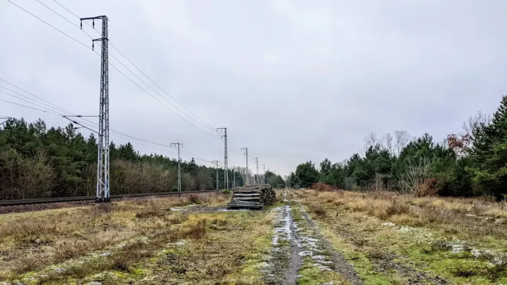 Weg am Bahndamm mit Oberleitungsmasten am Biesenhorster Sand