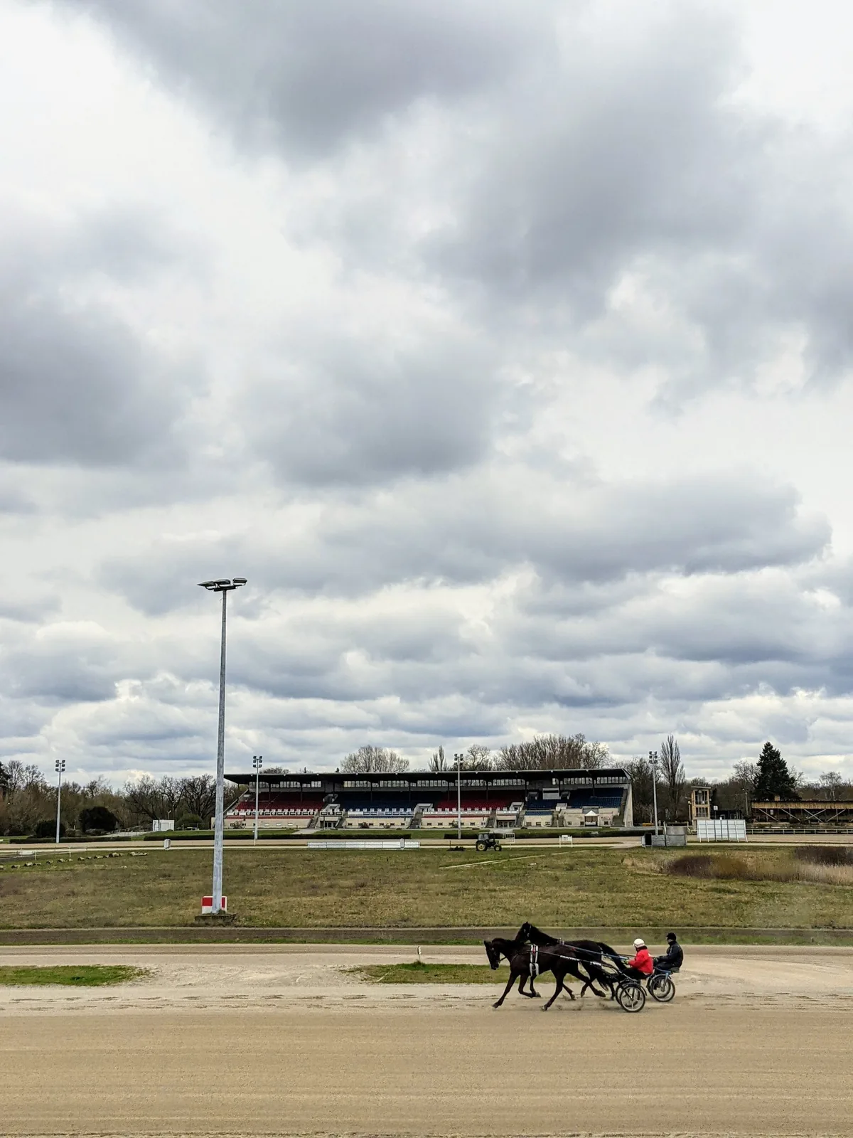Trabertraining auf der Sandbahn der Trabrennbahn Karlshorst, im Hintergrund die Tribüne