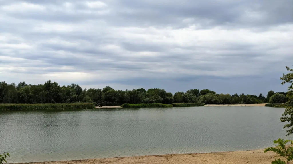 Flaches Sandufer mit Schilf an einem der Kaulsdorfer Seen unter bewölktem Himmel
