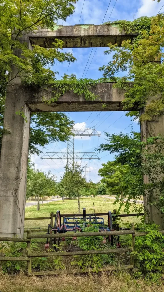 Rahmen aus Beton auf einer Wiese im Landschaftspark Herzberge, dahinter Strommasten
