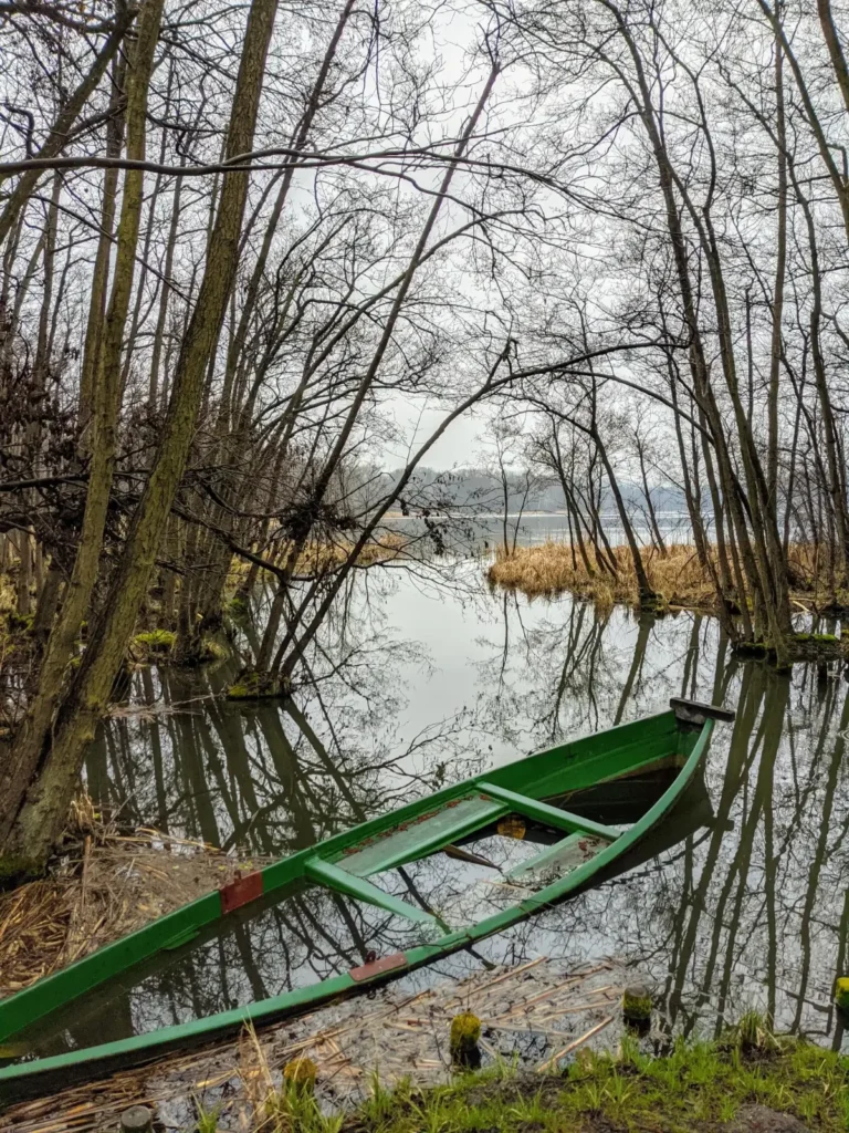 Grünes Boot am Ufer in Münchehofe