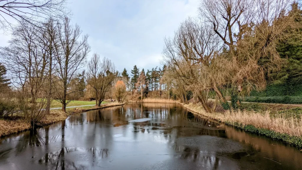 Teilweise zugefrorener Teich mit kahlen Weiden im Volkspark Mariendorf