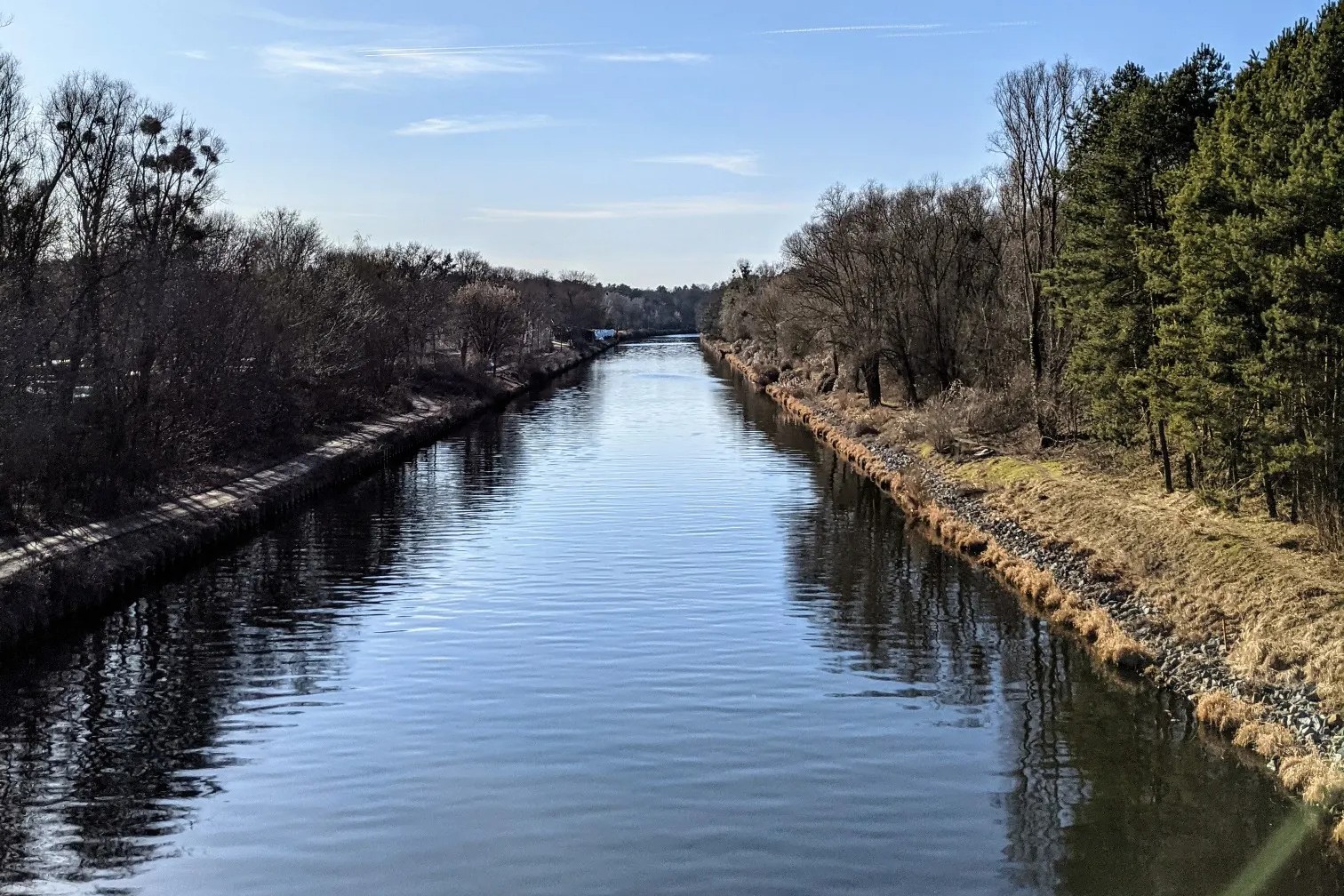 Blick von einer Brücke über den schnurgeraden Teltowkanal, links kahle Bäume, rechts Kiefern