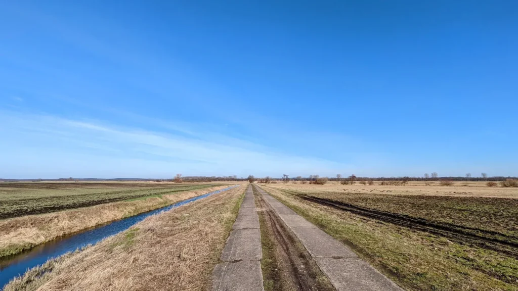 Feld- und Grabenlandschaft mit betoniertem Weg