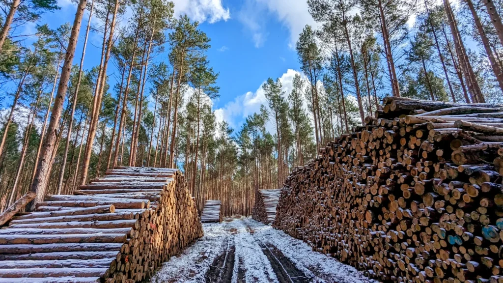 Holzpolter am Rand eines Kiefernwalds bei Bestensee