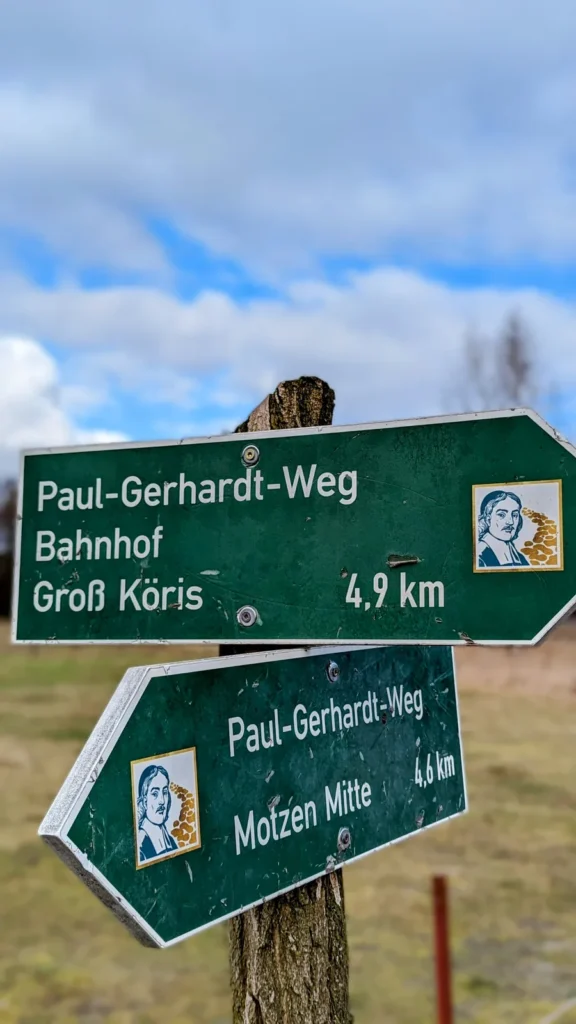 Wegweiser des Paul-Gerhardt-Wegs nach Groß Köris und Motzen