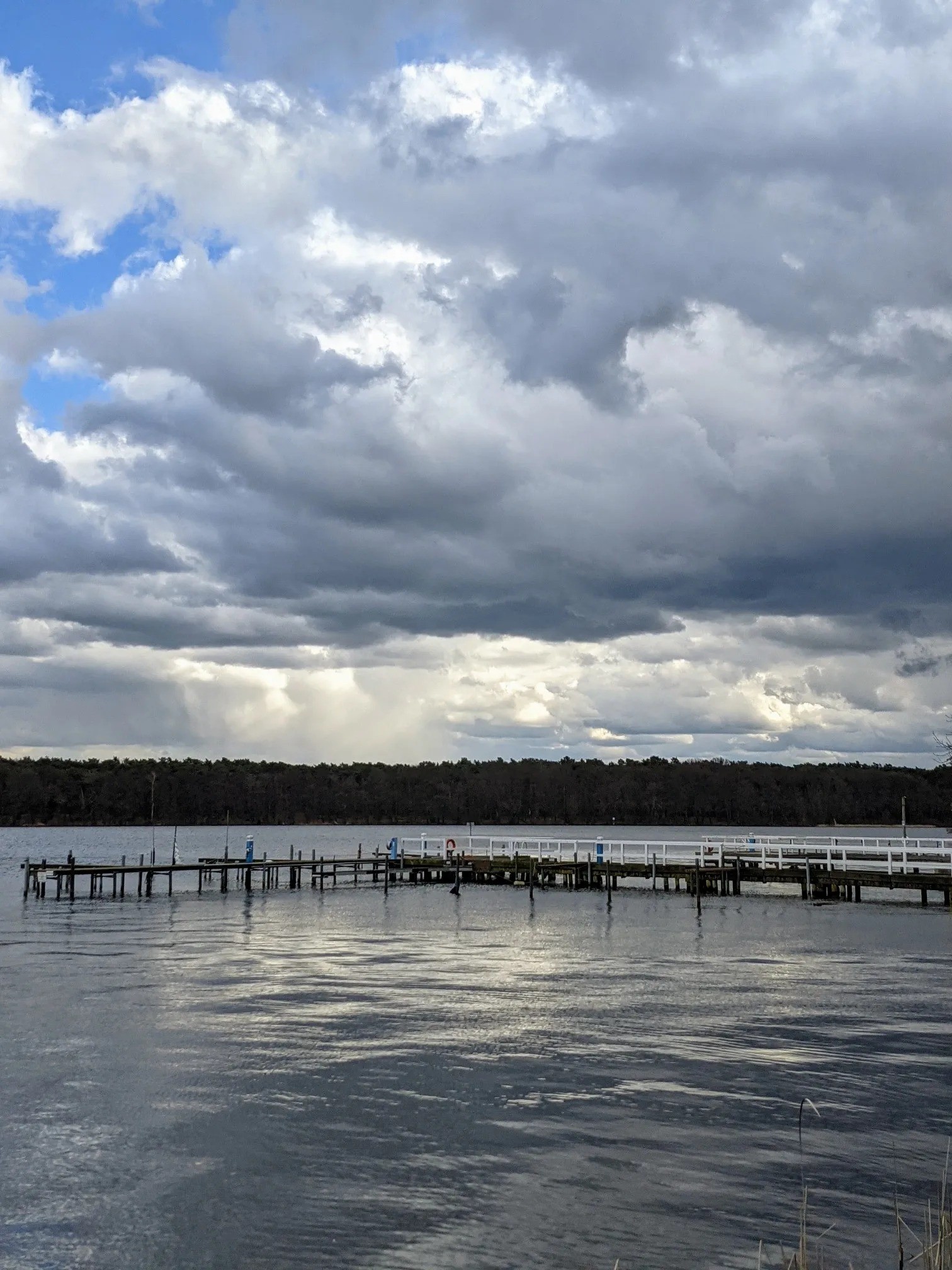 See mit Bootsstegen vor dunklem Kiefernwald und dramatischem Himmel