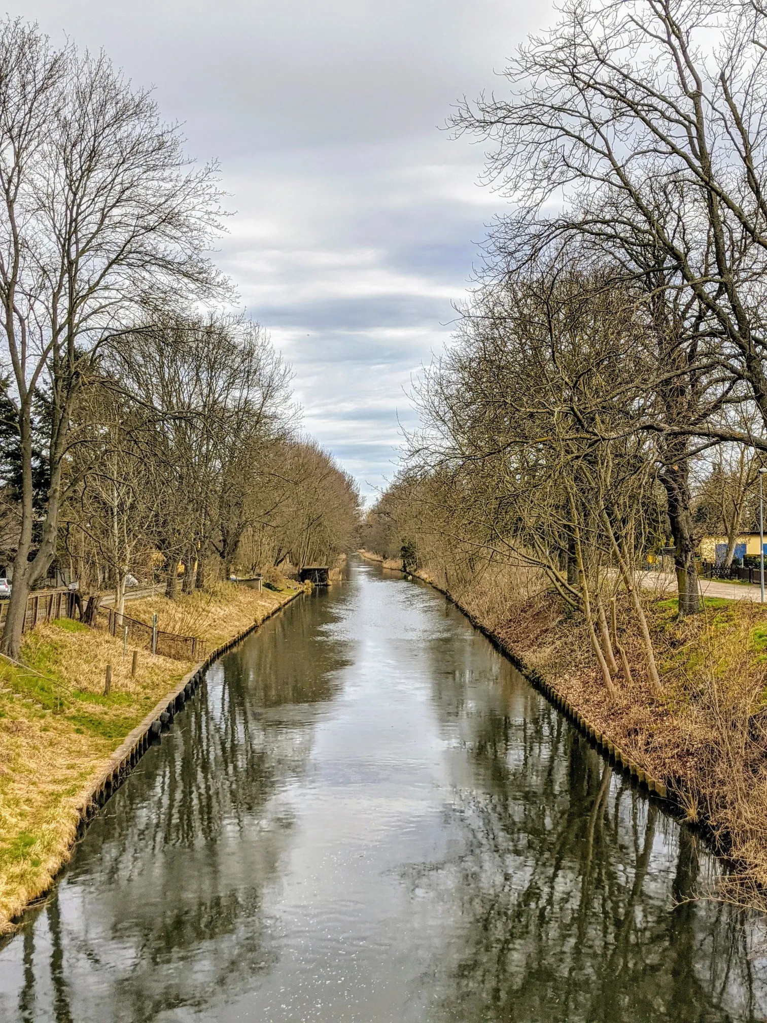 Schmaler Kanal mit Spiegelung zwischen kahlen Bäumen