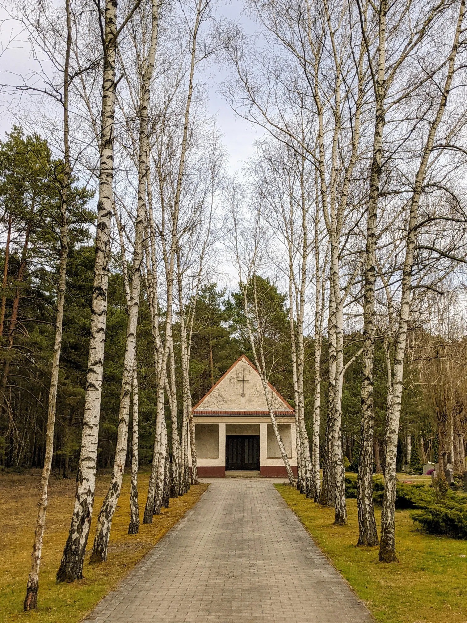 Birkenallee zu einer kleinen Kapelle mit Kreuz