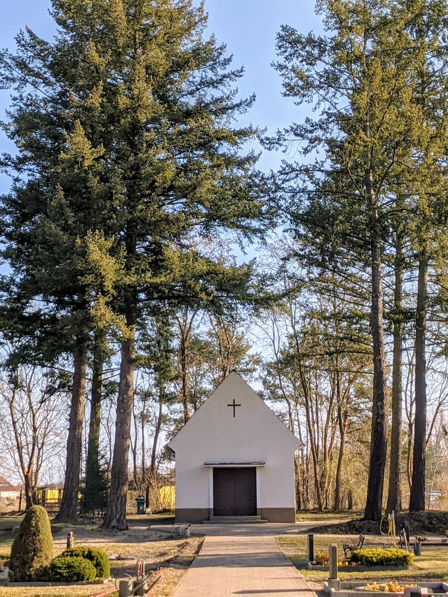 Weiße Kapelle mit Kreuz zwischen hohen Bäumen