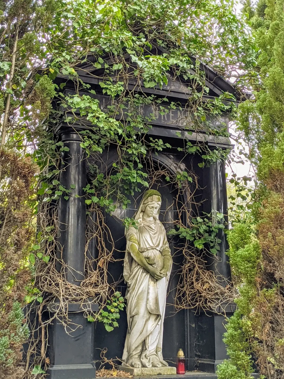 Von Ranken überwachsenes schwarzes Grabmal mit weißer Frauenfigur und Grablicht auf dem Luisenfriedhof II in Berlin