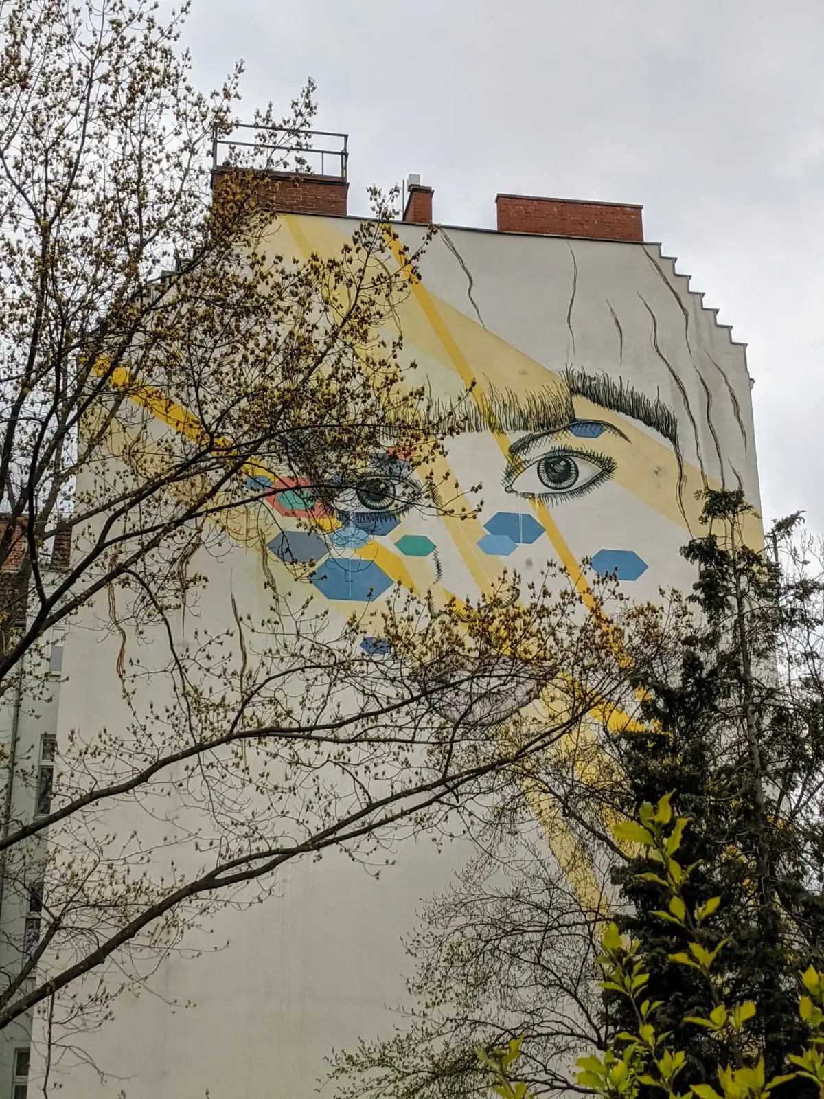 Wandbild von JBAK an der Turiner Straße in Berlin-Wedding: großes Frauengesicht hinter Bäumen