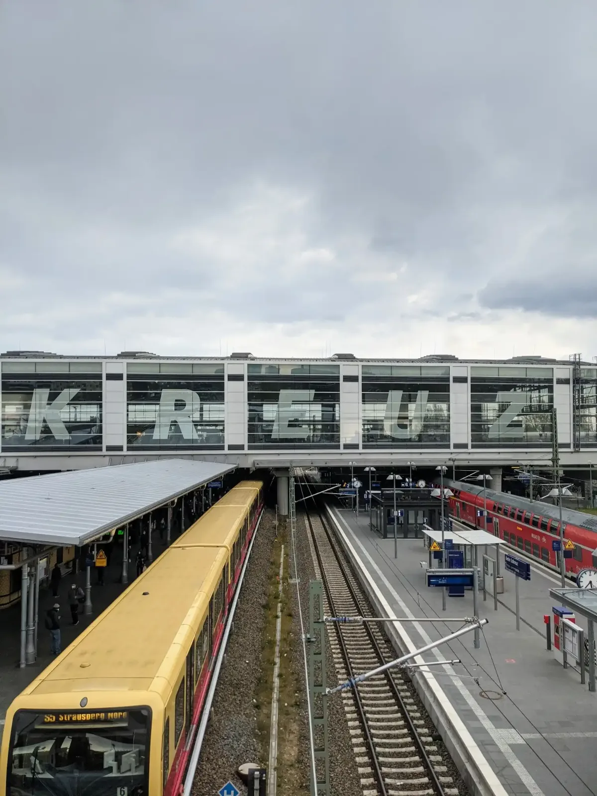 Bahnhof Ostkreuz von oben mit Ringbahnhalle, Schriftzug, Bahnsteigen und S-Bahn