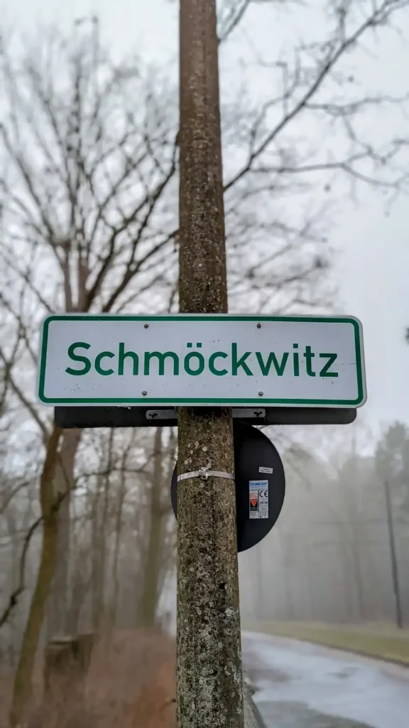 Ortsschild Schmöckwitz am Straßenrand im Kiefernwald zwischen Grünau und Karolinenhof