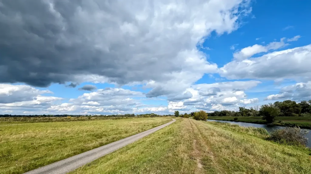 Weg auf einem Deich neben einer Wiese mit Wasserlauf bei Schwedt