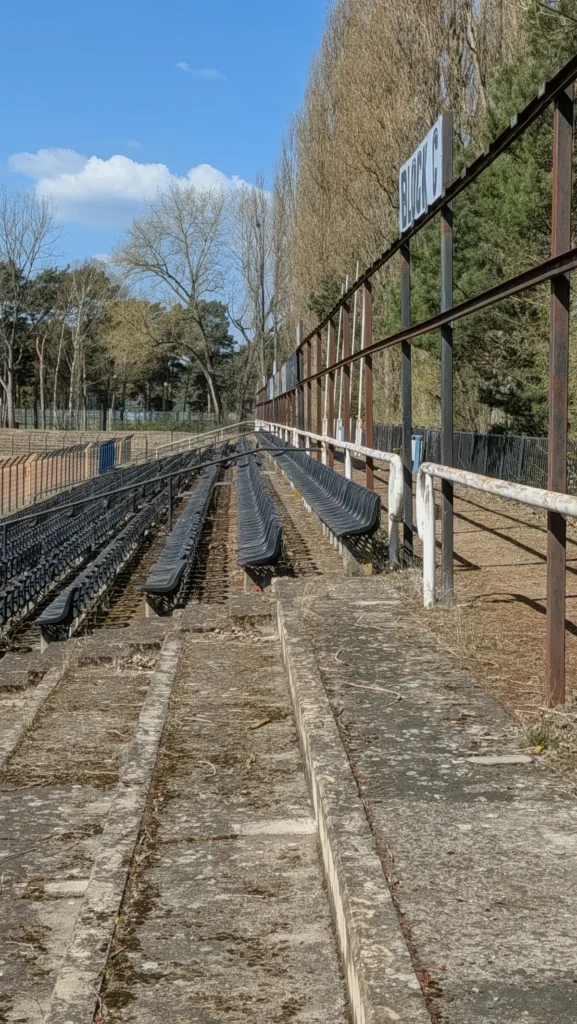 Reihen schwarzer Sitzschalen auf bemoosten Betonstufen im Stadion der Hüttenwerker, rechts ein rostiges Geländer