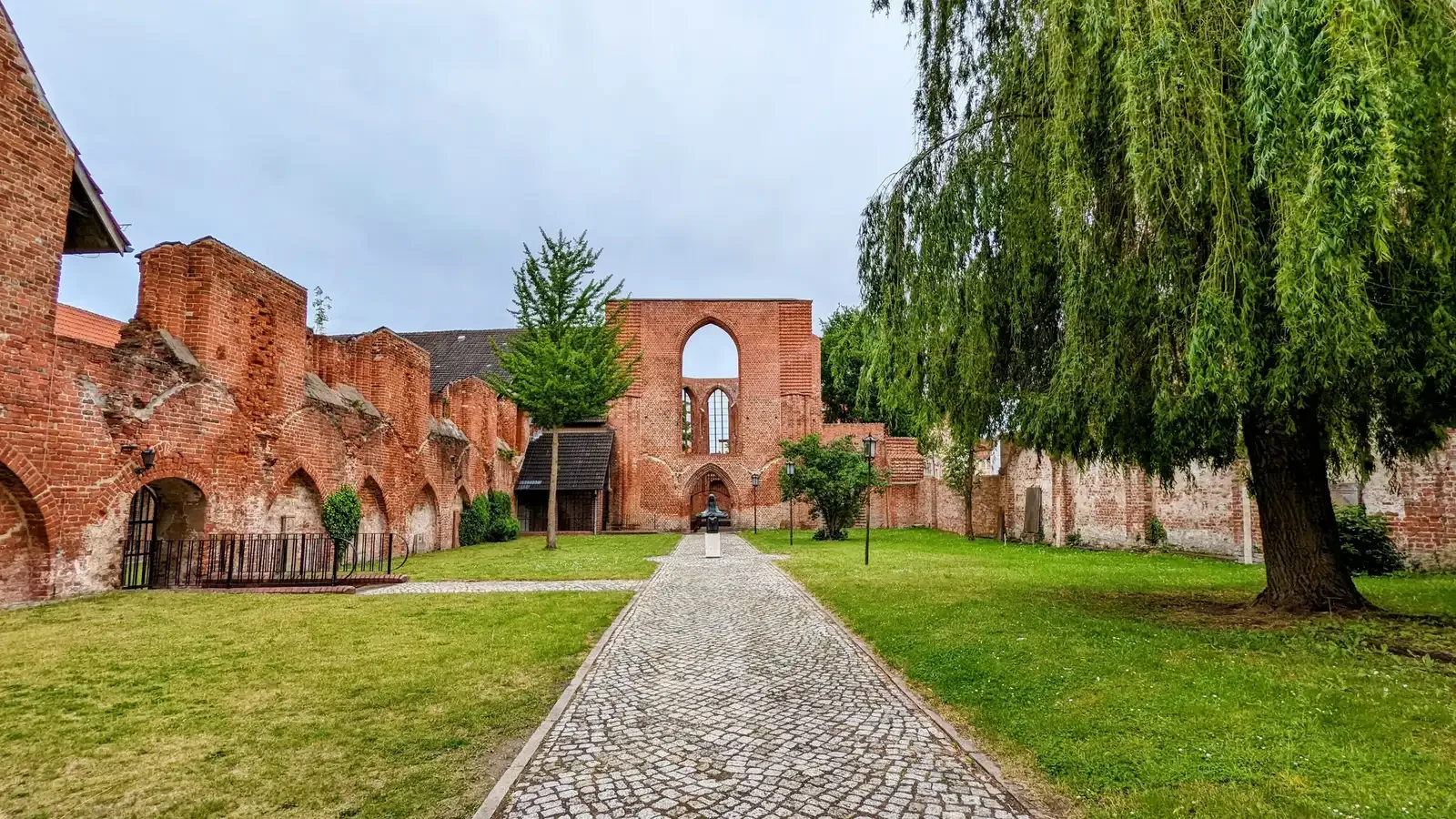 Ruine der Klosterkirche des Johannisklosters in Stralsund mit Rasen, Weide und gepflastertem Weg