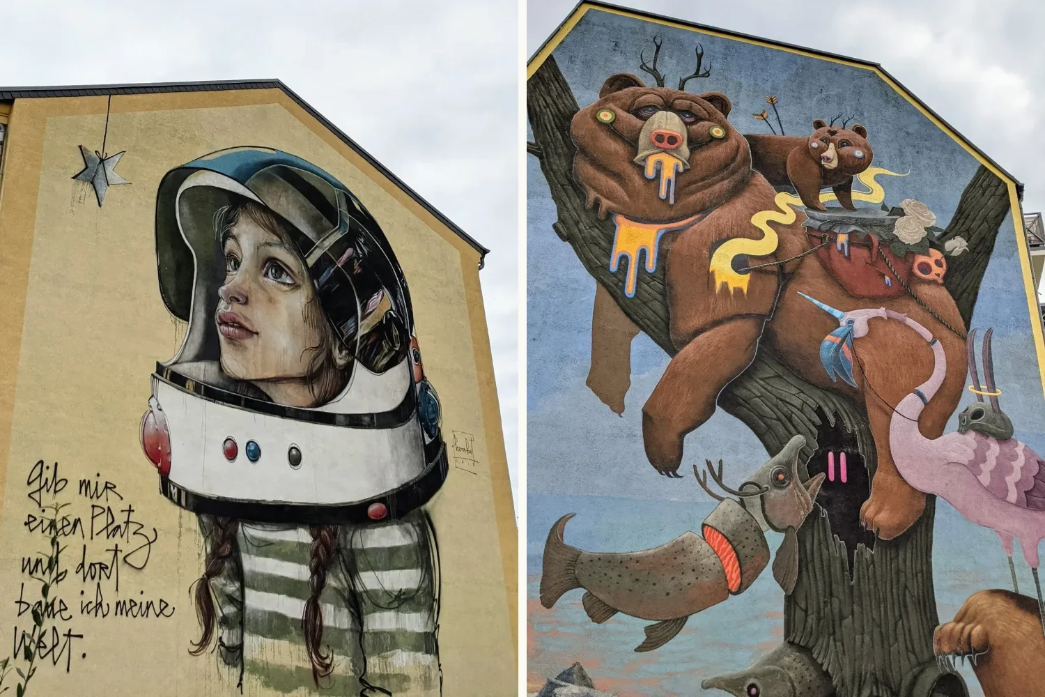 Zwei Wandbilder in Lutherstadt Wittenberg: links ein Mädchen mit Astronautenhelm von Herakut, rechts bunte Tiere an einem Baum von Dulk